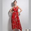 HP680047 women red chiffon printed off shoulder japanese sexy free prom dress