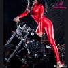 Red full body motor zip up leather catsuit for women