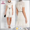Ecru cotton-blend lace women party dress with an elegant fluted skirt