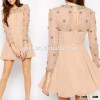 100% polyester long sleeve light color beaded wholesale price mini party dress
