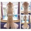 2016 New Sexy Champagne V-Neck Prom Dresses with Beaded Neck Design Long Sleeve Lace Evening Dresses