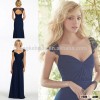 Royal Blue Cap Sleeve Open Back Long Chiffon Bridesmaid Dress for Wedding