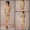 Amazing Design Embroidered Roses Bateau Sheer Tulle and Satin Gold Sheath Long Sleeve knee-Length Mo
