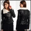 2016 Winter Long Sleeve Women Black Faux Leather Biker Jacket with Fleece Lining