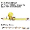 CS7501 3* 75mm 15000lbs Ratchet Tie down with double J Hooks