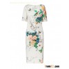 White Short Sleeve Peony and Bird Printed Cheongsam Dress