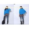 Blue Womens Pullover Sweaters Crew Neck in Bat Sleeve and Irregular Bottom Hip
