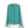 Green Long Sleeve Round Neck Buckle Shoulder Chiffon Blouse