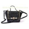 Black Crocodile Embossed Leather Bag / Calf Leather Handbags with Pyramid Studs