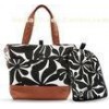 Stylish Canvas Baby Diaper Bag Black Floral Tote Handbag With PU Handles Cross Body Strap