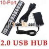 10-Port USB 2.0 Hub with External Power Source (100~240V AC Adapter)