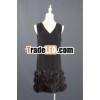 V Neck Black Short Knitted Dress with Organza Patels on Hem BM0006