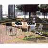 Outdoor Stainless Steel and Teak Dining Table and Rattan Chairs