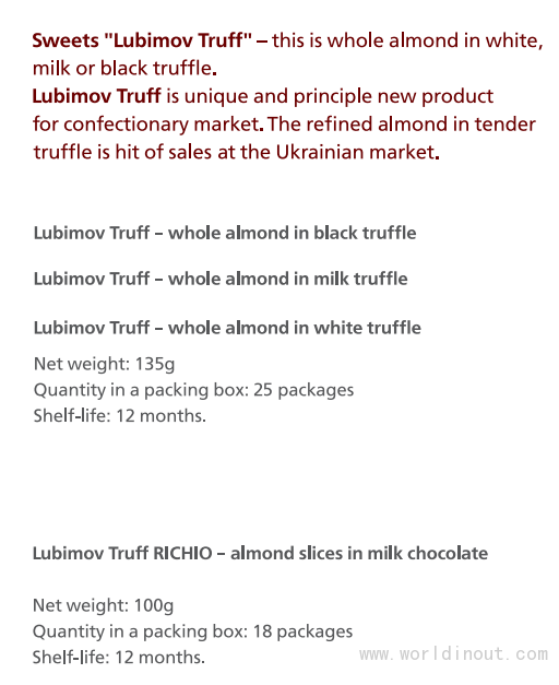 Sweets “Lubimov Truff” this is whole almond in white, milk or black truffle