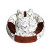 Printed and brown plush round dog bed with bone toy