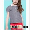 Girls' check pattern short sleeve shirt with flower embroide