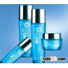 blue glass cosmetic jar and bottle